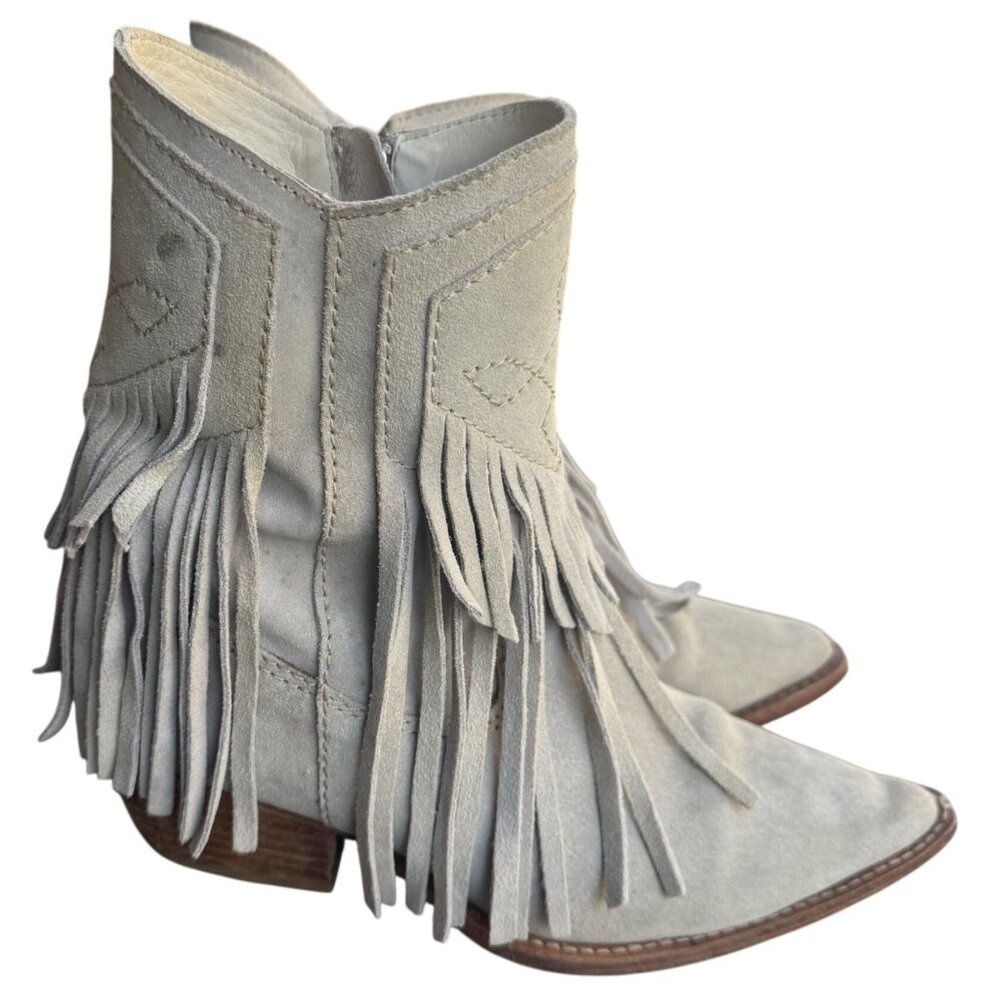 Free People Lawless Bone Suede Leather Fringe Western Boots 38 US 8